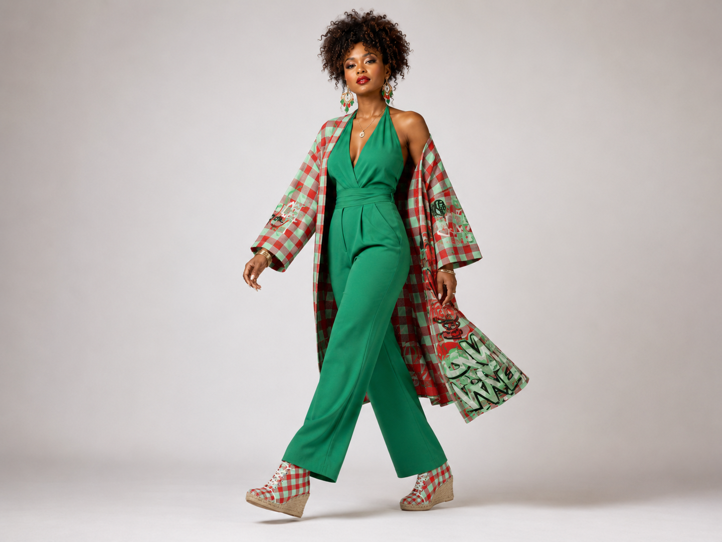 Rich and Rich Ladies Red and Mint Green Checkered Wedge Espadrilles | Designer Women’s Jute Platform Ankle Boots