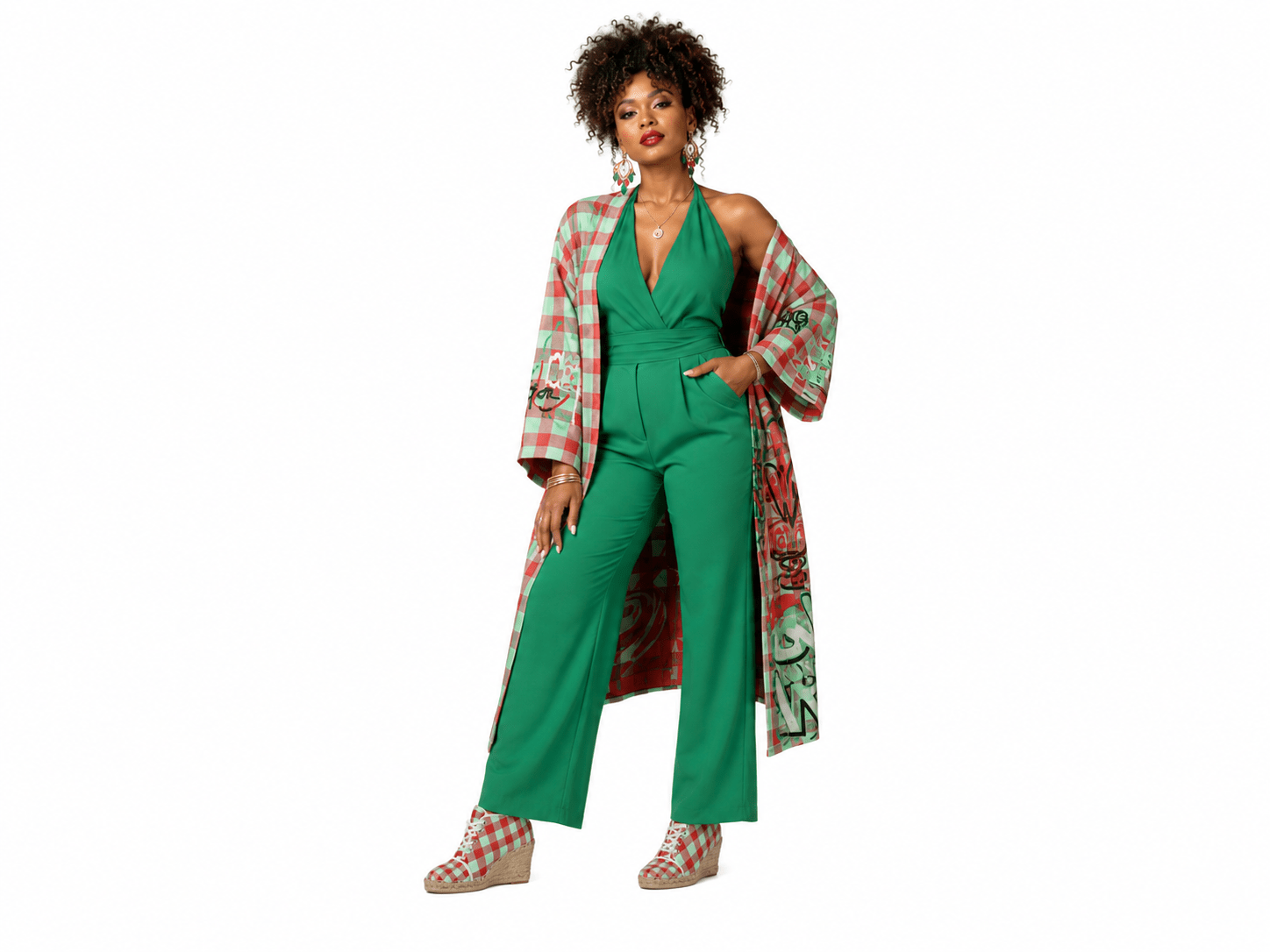 Red and mint green checkered wedge espadrilles with jute platform and non-slip rubber sole — product detail