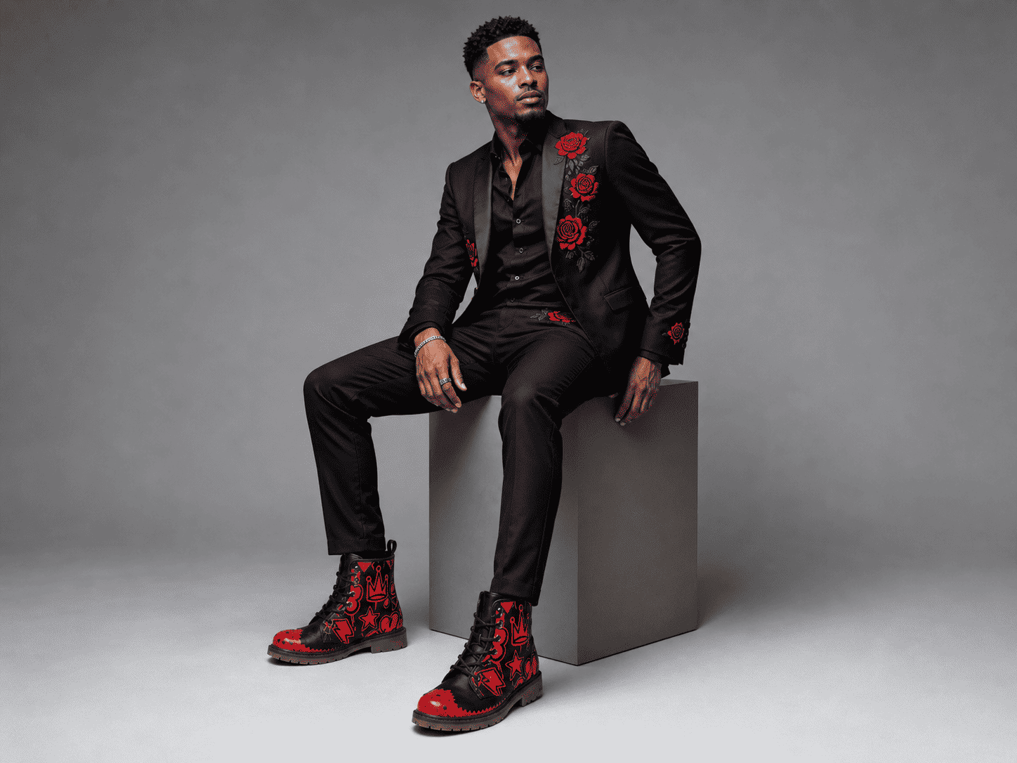 Black men's lace-up faux leather boots with redtip toe and red graffiti print