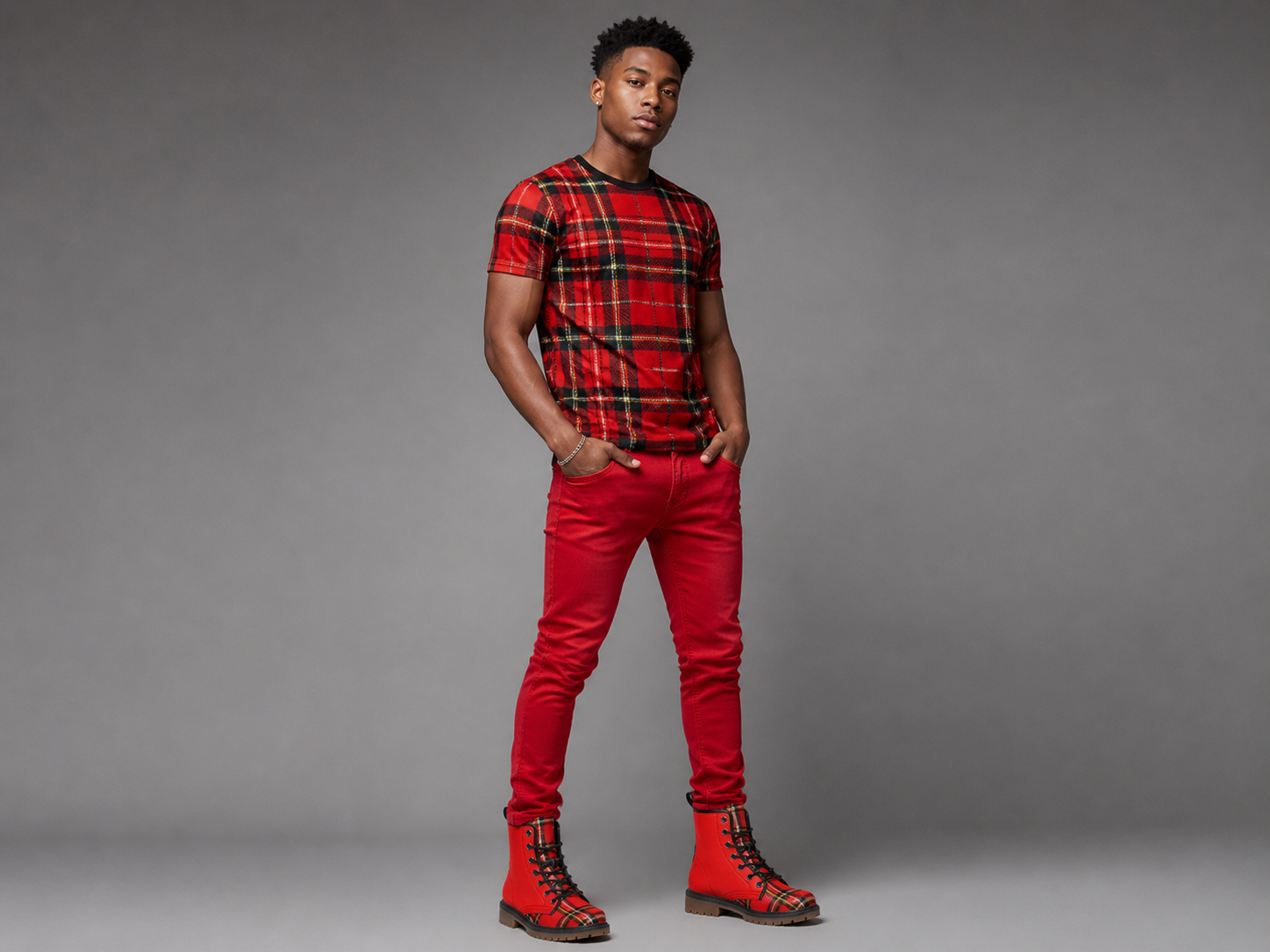 Rich and Rich Red Checkered Men's Leather Boot