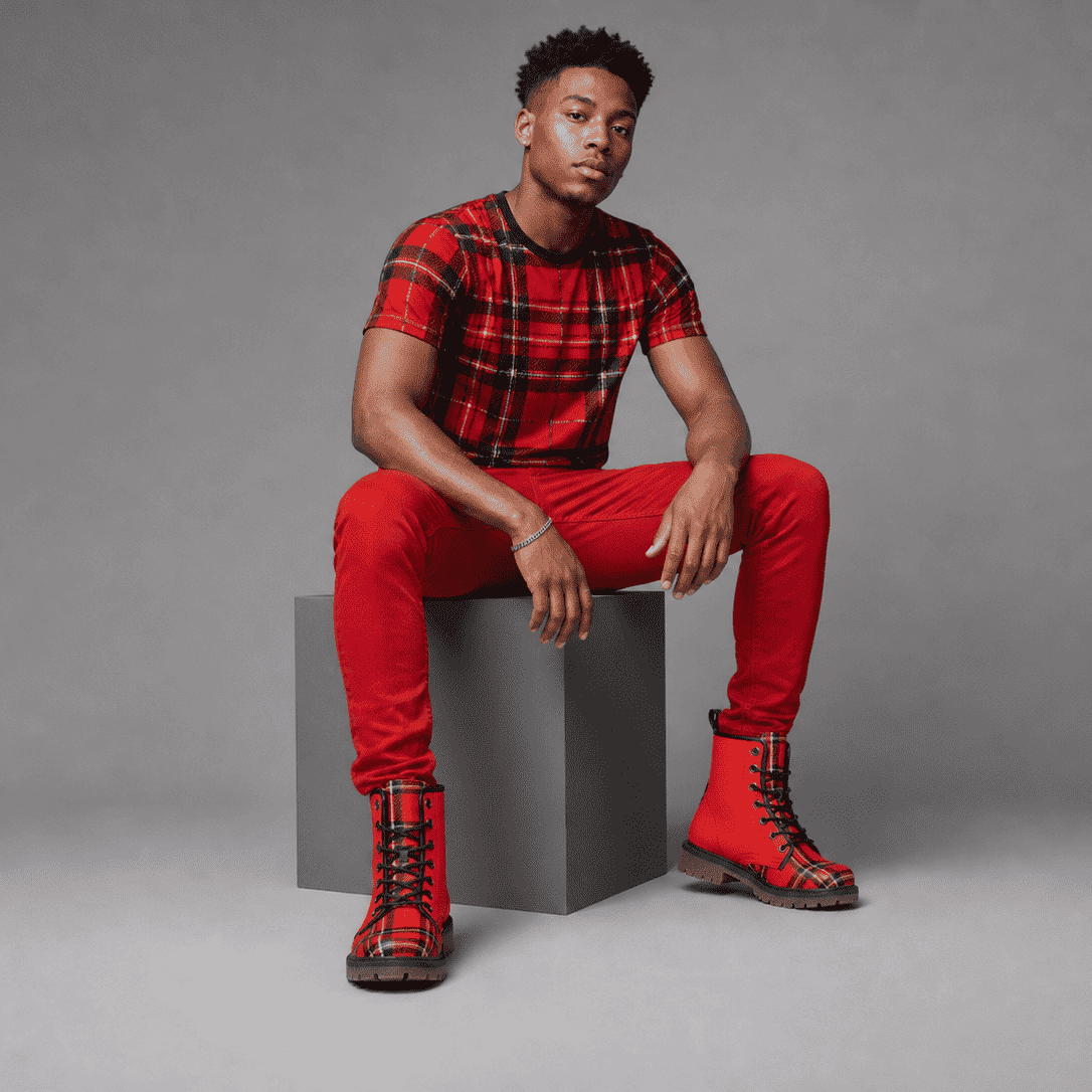 Red checkered men's faux leather boot with lace-up front and padded collar