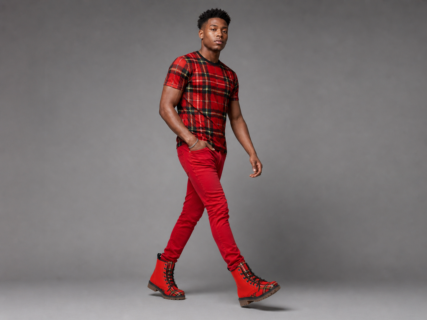 Rich and Rich Red Checkered Men's Leather Boot