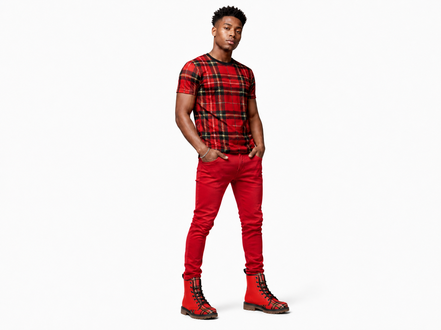 Rich and Rich Red Checkered Men's Leather Boot
