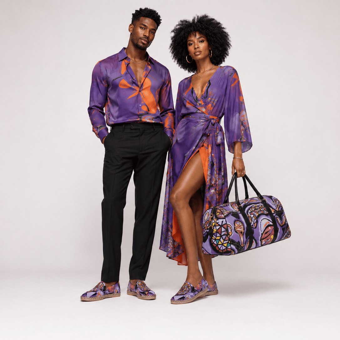 Unisex espadrilles with purple abstract print, jute insole, and rubber non-slip sole — alternate view