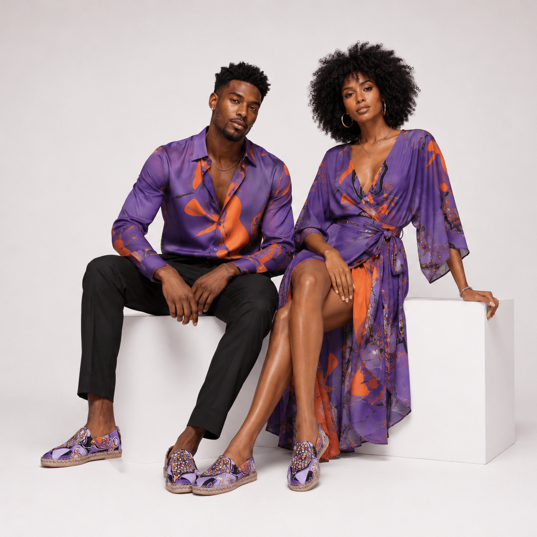 Unisex espadrilles with purple abstract print, jute insole, and rubber non-slip sole