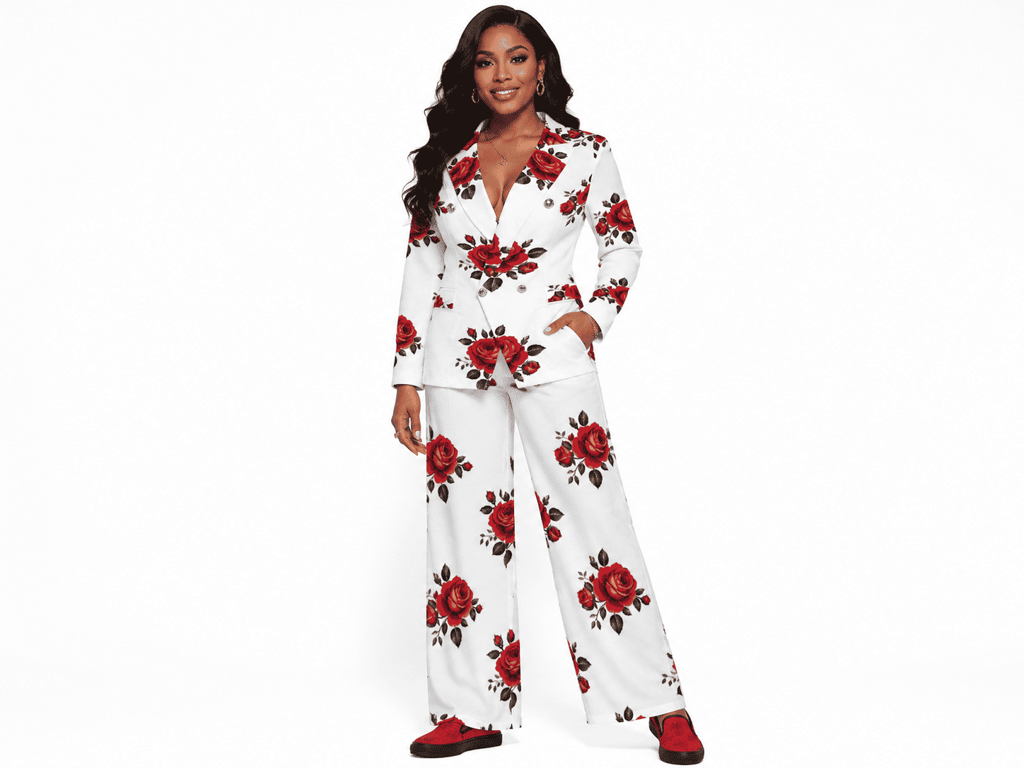 Red rose all-over print double-breasted blazer and high-waisted wide leg pants two-piece set