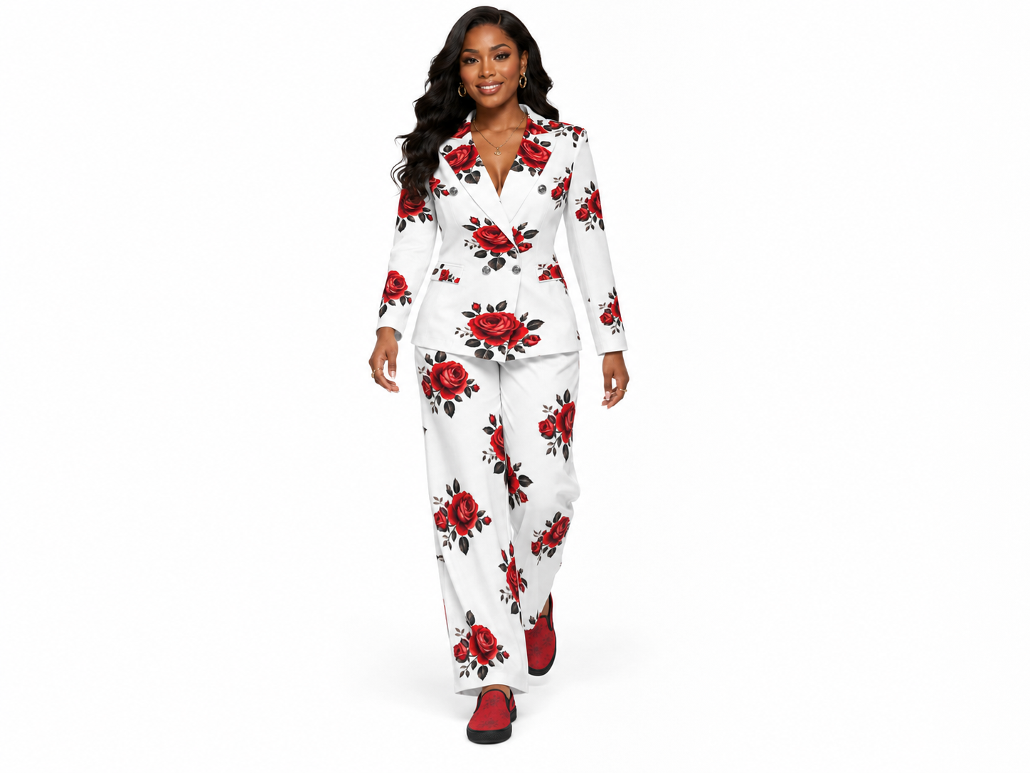Rich and Rich Women’s Red Roses Wide Leg Pants and Double Breasted Blazer Set | Floral Two-Piece Outfit