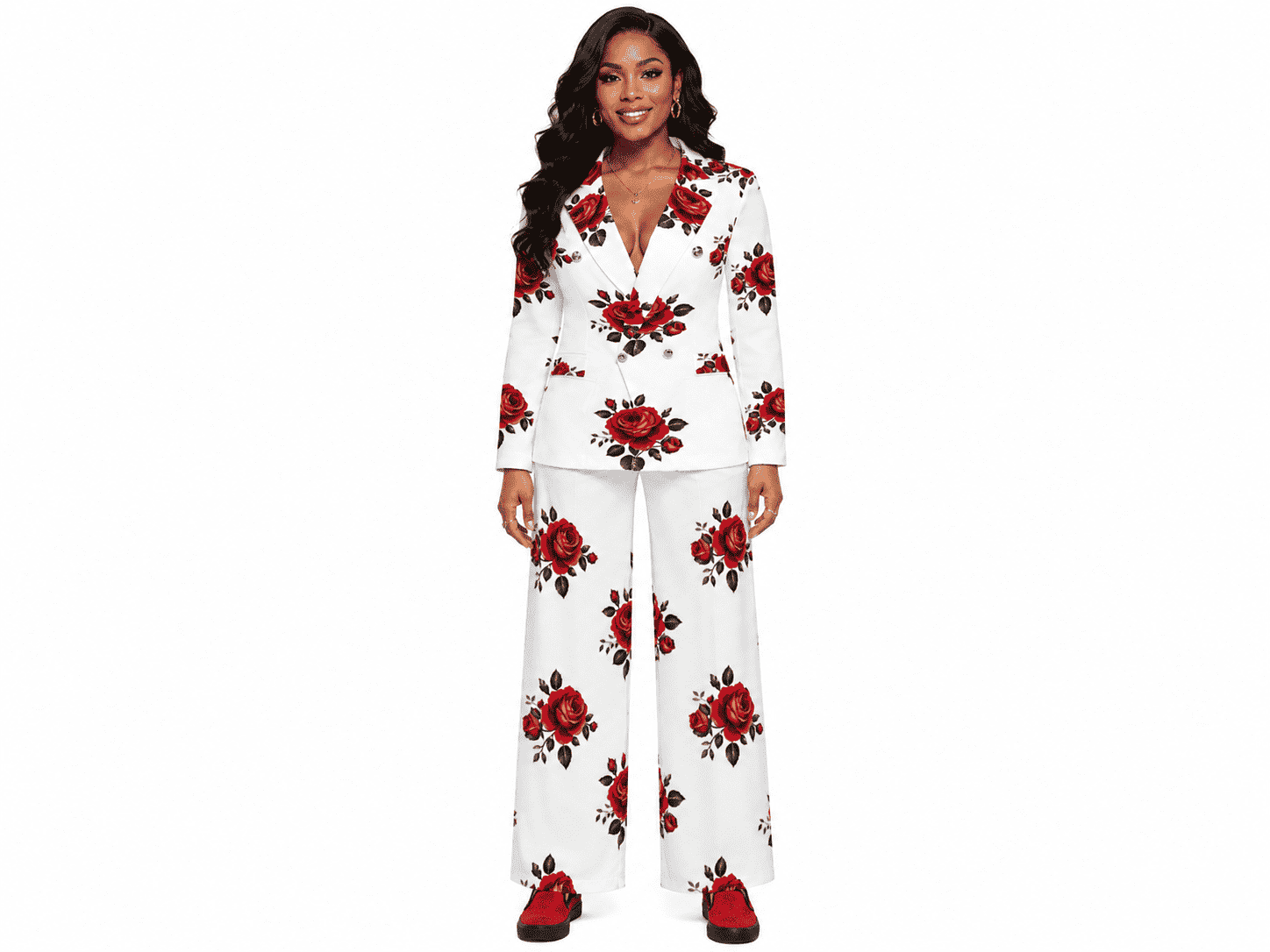 Red rose all-over print double-breasted blazer and high-waisted wide leg pants two-piece set — side view