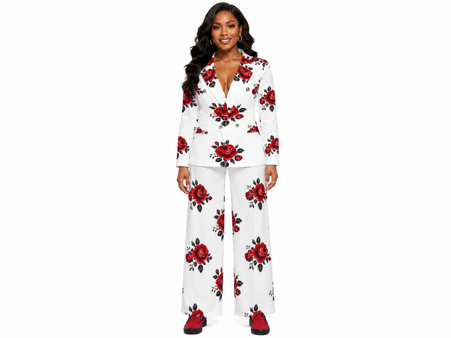 Rich and Rich Women’s Red Roses Wide Leg Pants and Double Breasted Blazer Set | Floral Two-Piece Outfit