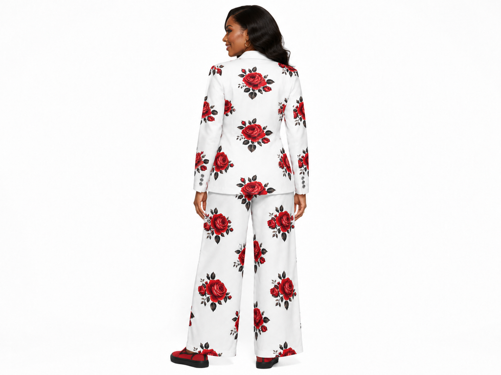 Rich and Rich Women’s Red Roses Wide Leg Pants and Double Breasted Blazer Set | Floral Two-Piece Outfit