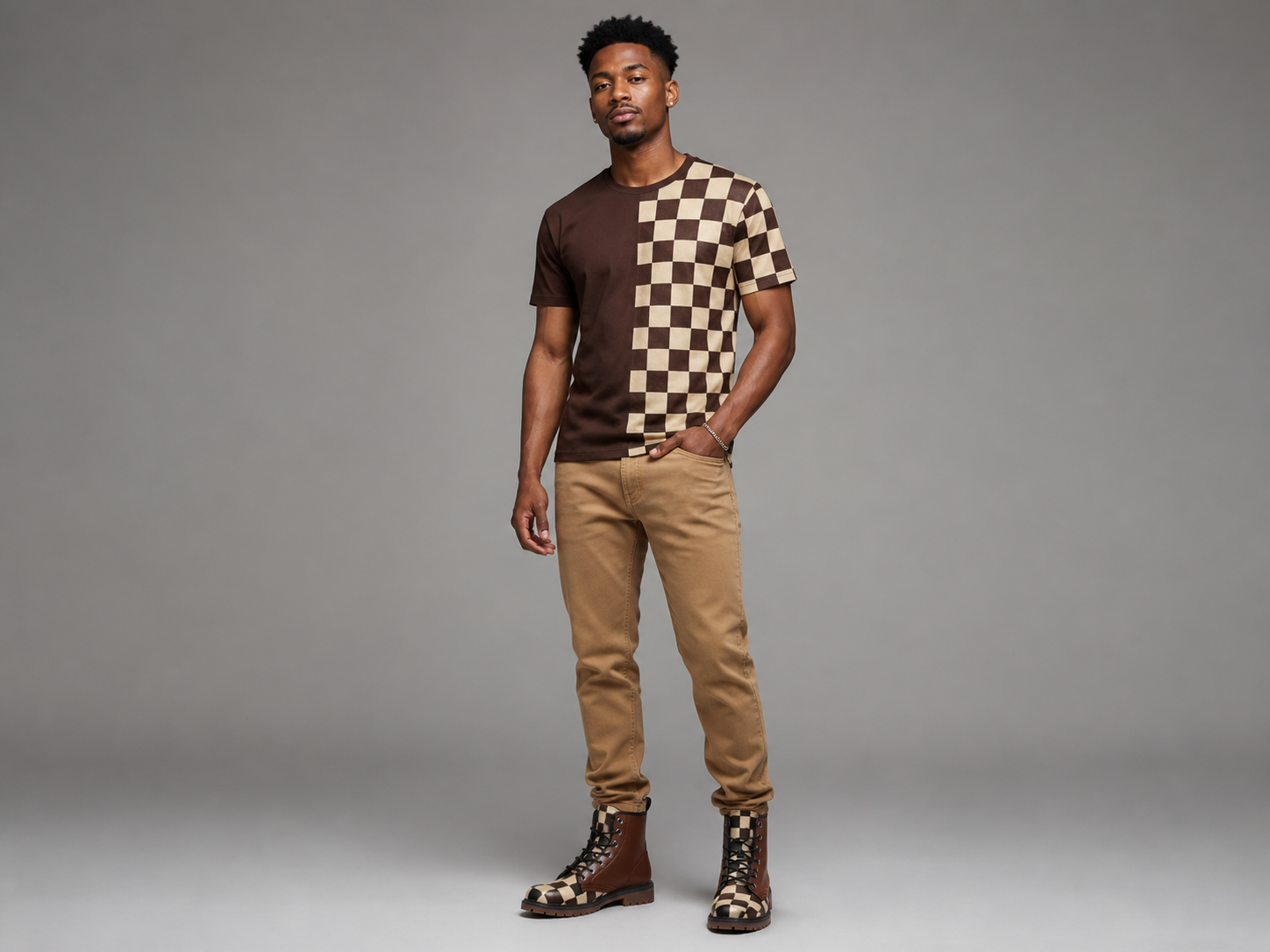 Rich and Rich Chocolate Brown Checker Men's Leather Boots