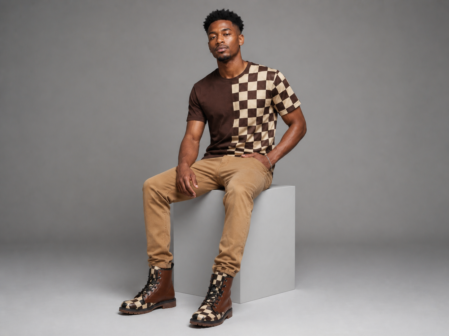 Rich and Rich Chocolate Brown Checker Men's Leather Boots