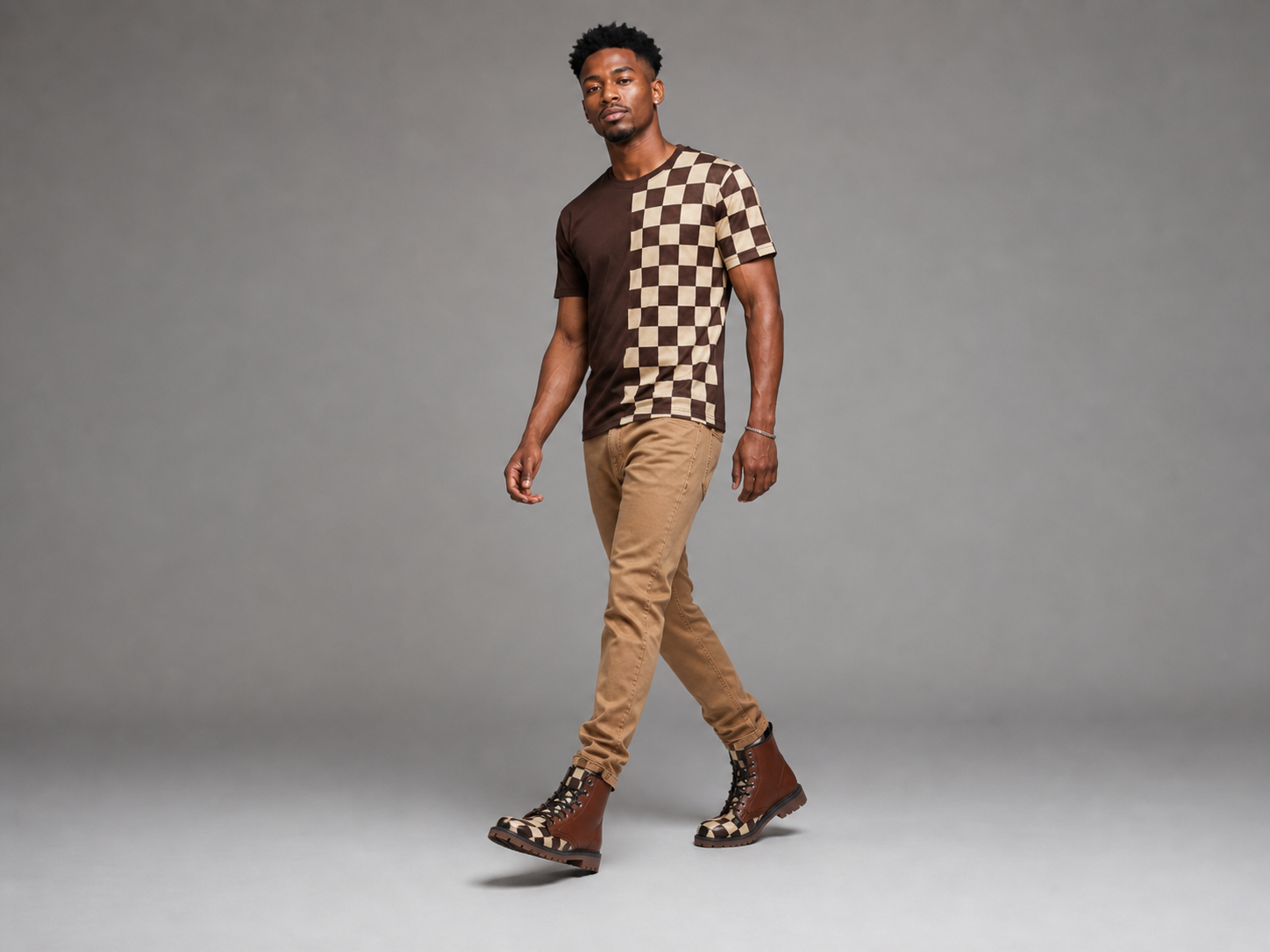 Rich and Rich Chocolate Brown Checker Men's Leather Boots