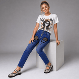 Women's high-waist black and gold button-front jeans with five-button closure and four pockets — alternate view
