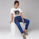 Women's high-waist black and gold button-front jeans with five-button closure and four pockets — additional view 8