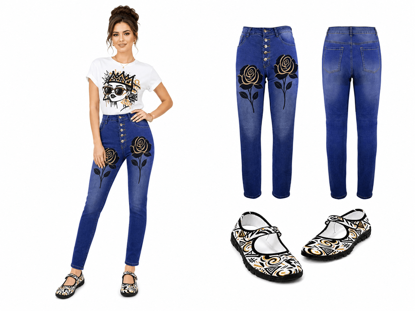 Women's high-waist black and gold button-front jeans with five-button closure and four pockets — additional view 11