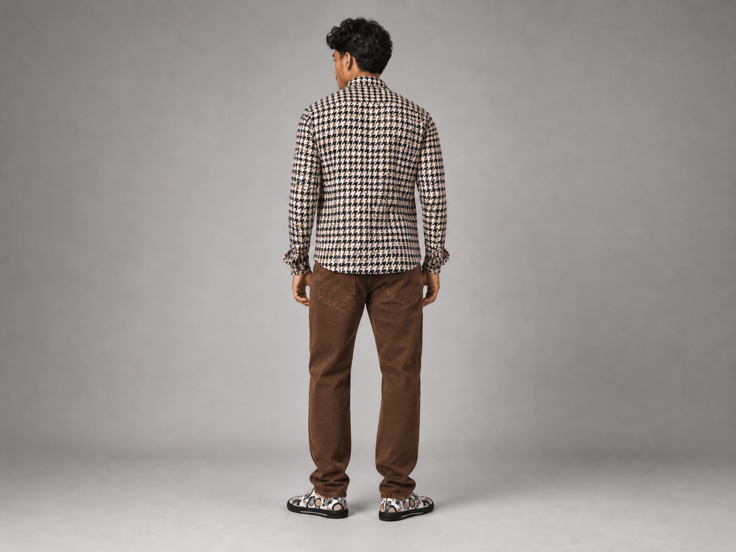 Men's beige and white canvas slip-on shoe with circular geometric pattern and elastic goring — alternate view