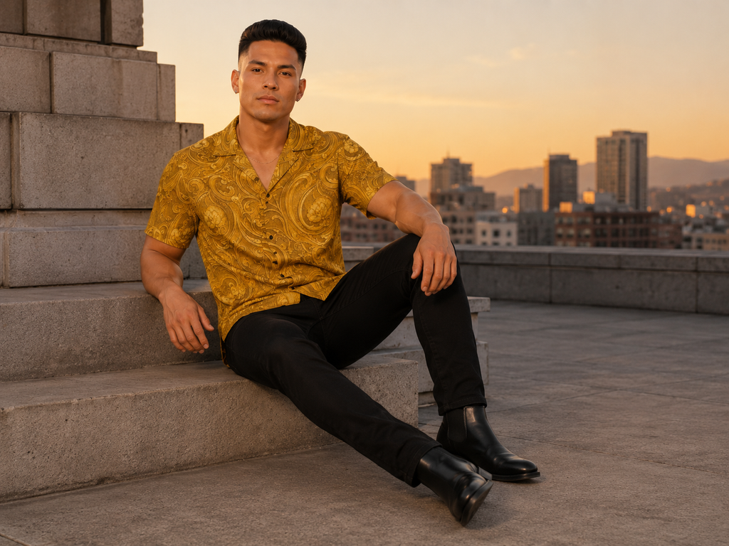 male model wearing the Rich and Rich Men’s Golden Designer Shirt Hawaiian Shirt with a boxy fit, short sleeves, and notch lapel collar.