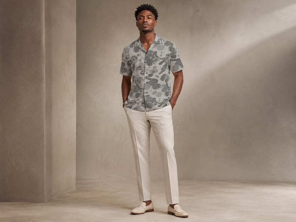 Male model wearing the Rich and Rich Men’s Gray Fusion Designer Shirt with a boxy fit, short sleeves, notch lapel collar, and modern gray fusion designer pattern.