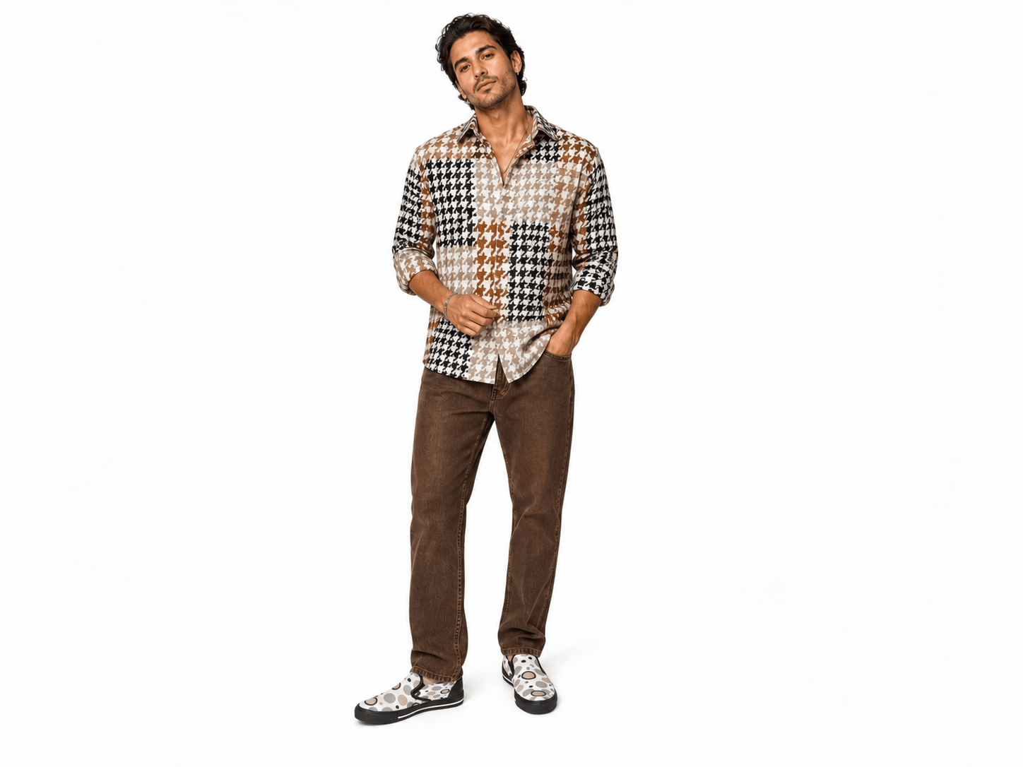 Men's beige and white canvas slip-on shoe with circular geometric pattern and elastic goring — side view