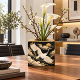 Rich and Rich White Crane Beneath a Golden Moon Mini Wooden Flower Pot