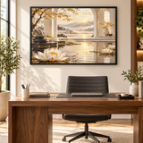 Rich and Rich White Lotus Sanctuary in Golden Light Framed Art 36×24inch