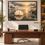 Rich and Rich White Lotus on Golden Ripples Black Framed Art Print 36×24inch