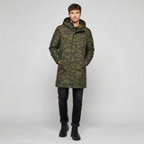 Camouflage green mid-length men's hooded coat in peach-skin polyester with attached hood and two pockets — product detail