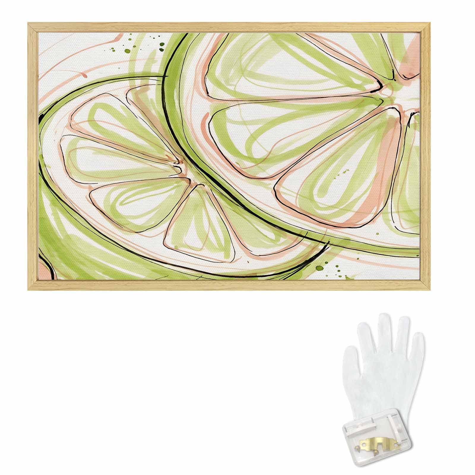 Watercolor lime slice canvas art in a natural wood frame, 36x24 inch