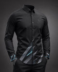 Vertex Prism Signal Button-Up Shirt in black with tonal charcoal geometric Vertex menswear design