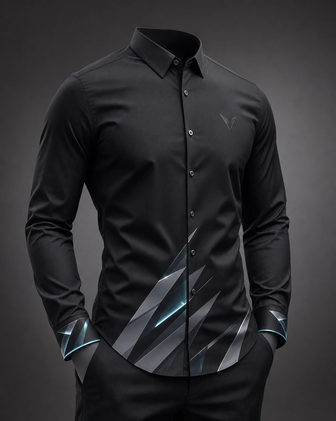 Vertex Prism Signal Button-Up Shirt in black with tonal charcoal geometric Vertex menswear design