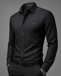 Vertex Tonal Tessellation Button-Up Shirt in black with tonal charcoal geometric Vertex menswear design