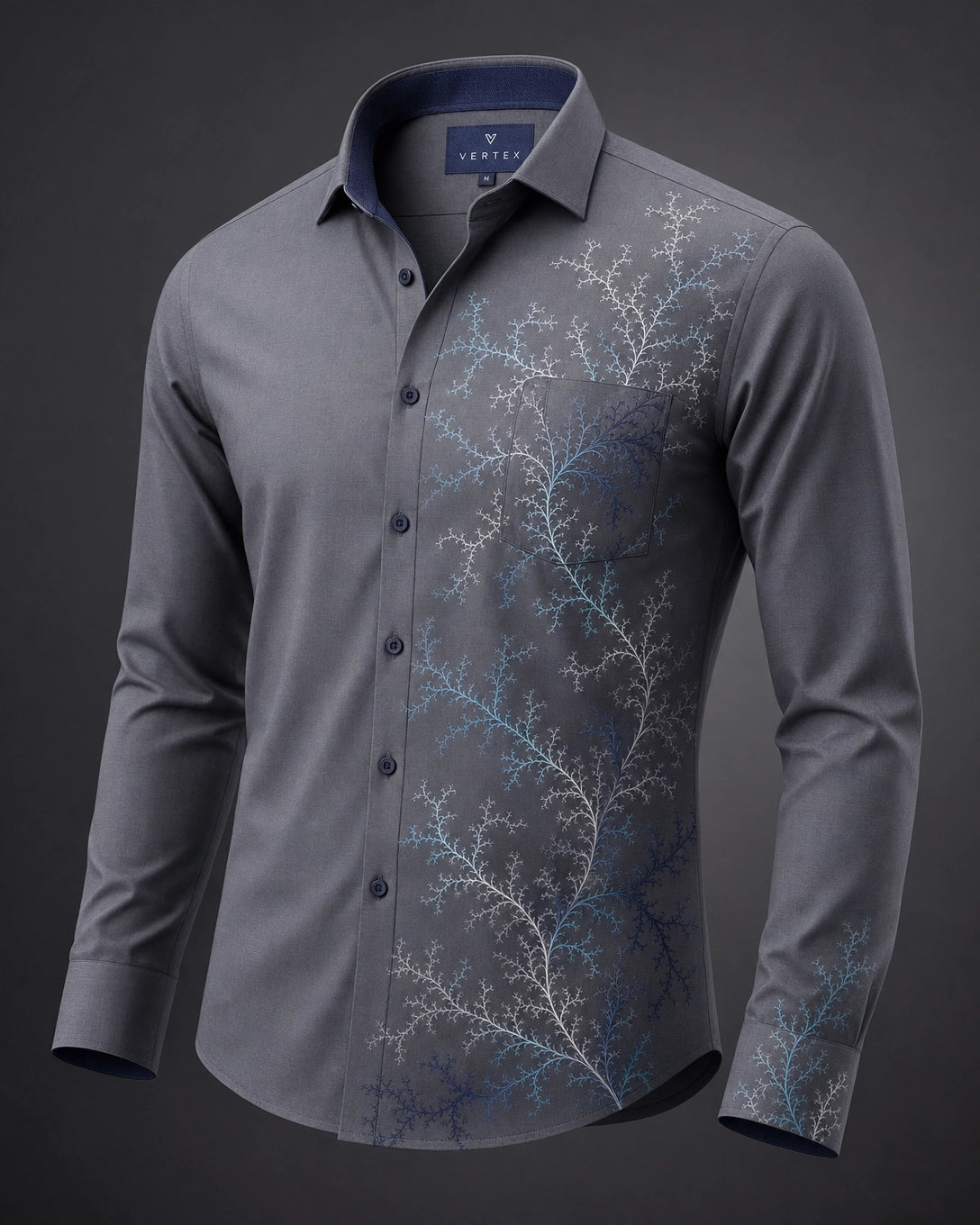 Vertex Fractal Vector Button-Up Shirt in slate gray with navy geometric Vertex menswear design