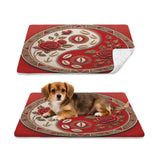Plush Yin-Yang pet mat with tribal accents and floral details in black and ivory, 25 by 18 inches — alternate view