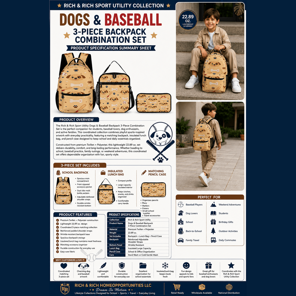 Product spec sheet for Rich and Rich dogs and baseball backpack set