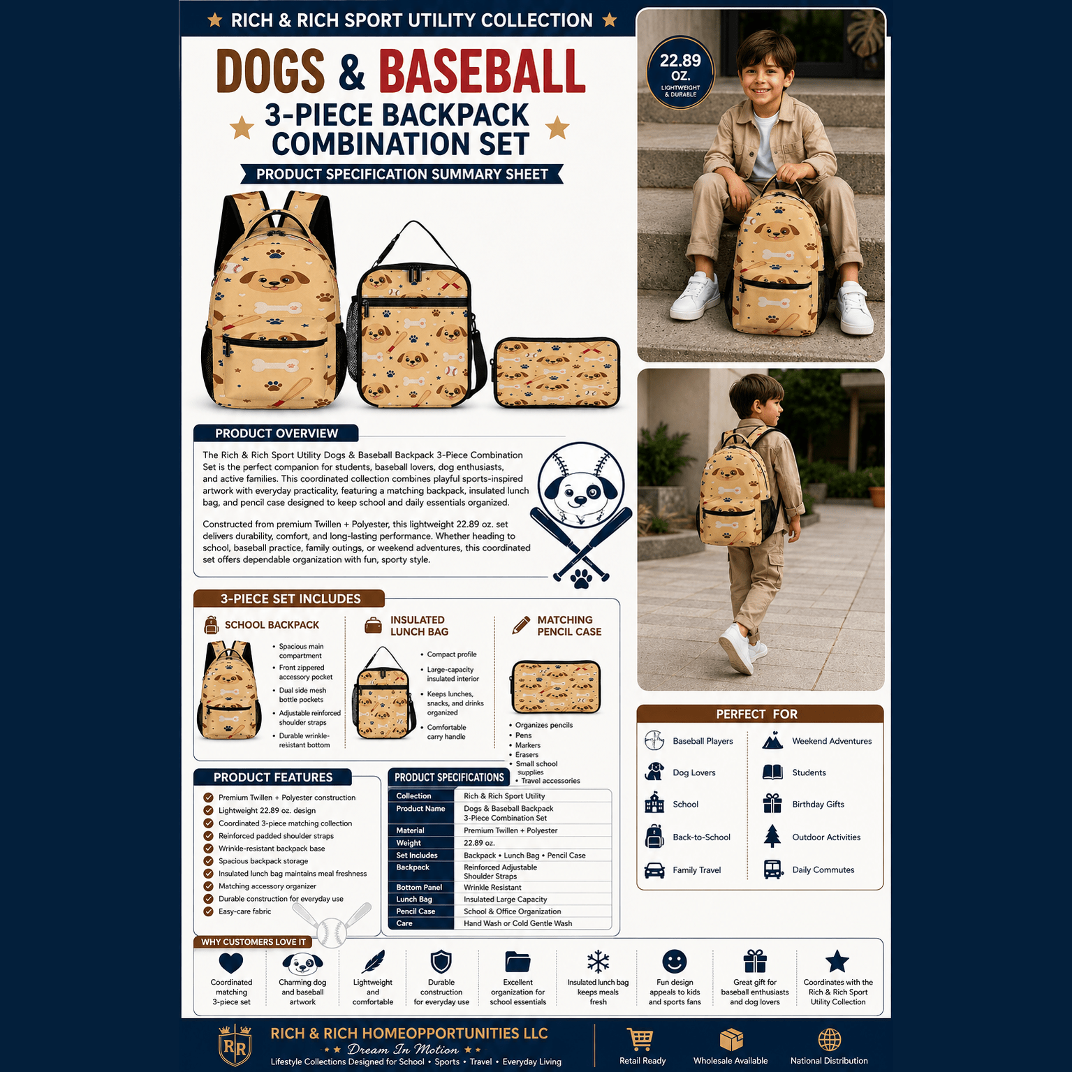 Product spec sheet for Rich and Rich dogs and baseball backpack set