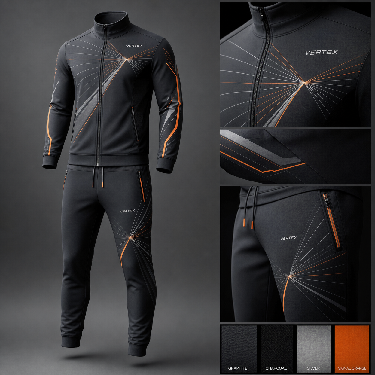 Vertex Kinetic Vertex Tracksuit in charcoal with silver geometric Vertex menswear design