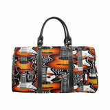 Orange guitar graphic duffel bag with shoulder strap, luggage tag and inner zipper pocket — side view