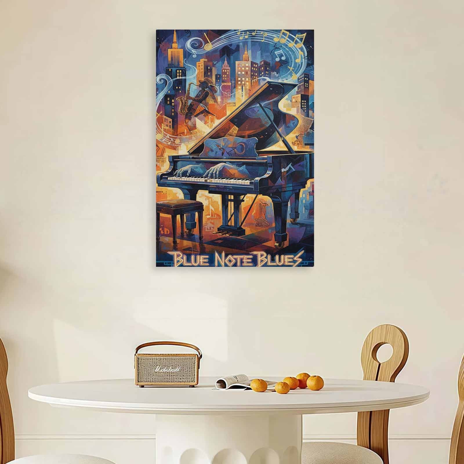 Rich and Rich Blue Note Blues 24x36 canvas wall art in blue tones hanging on a living room wall