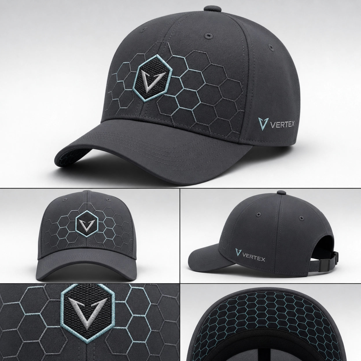 Vertex Hex Core Baseball Baseball Cap in navy with ice cyan geometric Vertex menswear design