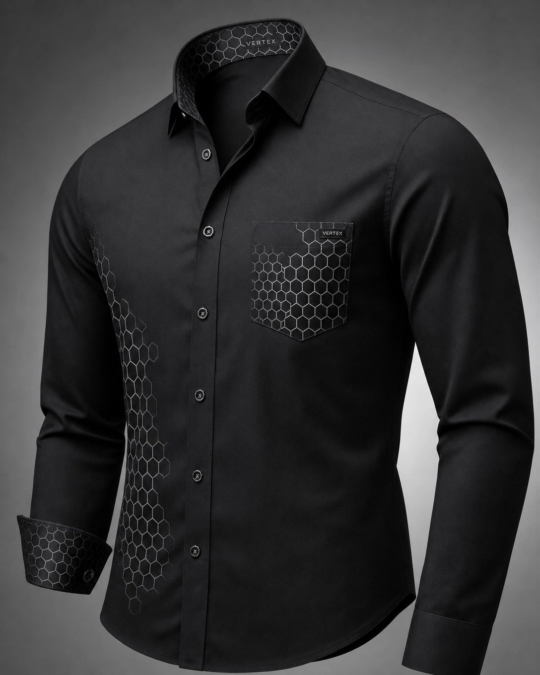 Vertex Hex Core Button-Up Shirt in black with tonal charcoal geometric Vertex menswear design