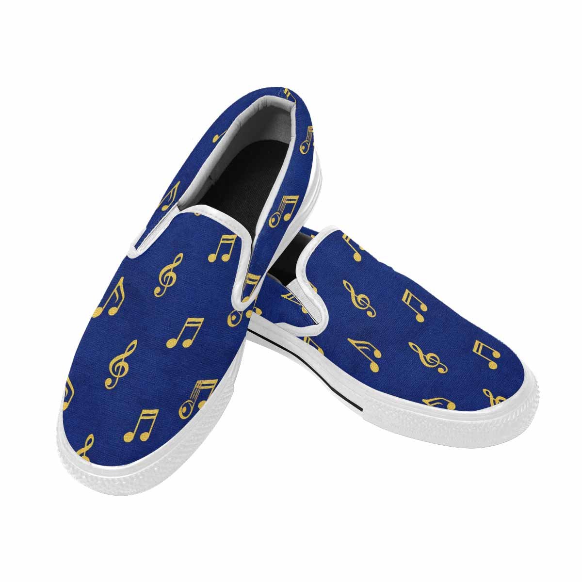 Blue canvas slip-on shoe with musical notes print, cushioned footbed and elastic goring — product detail