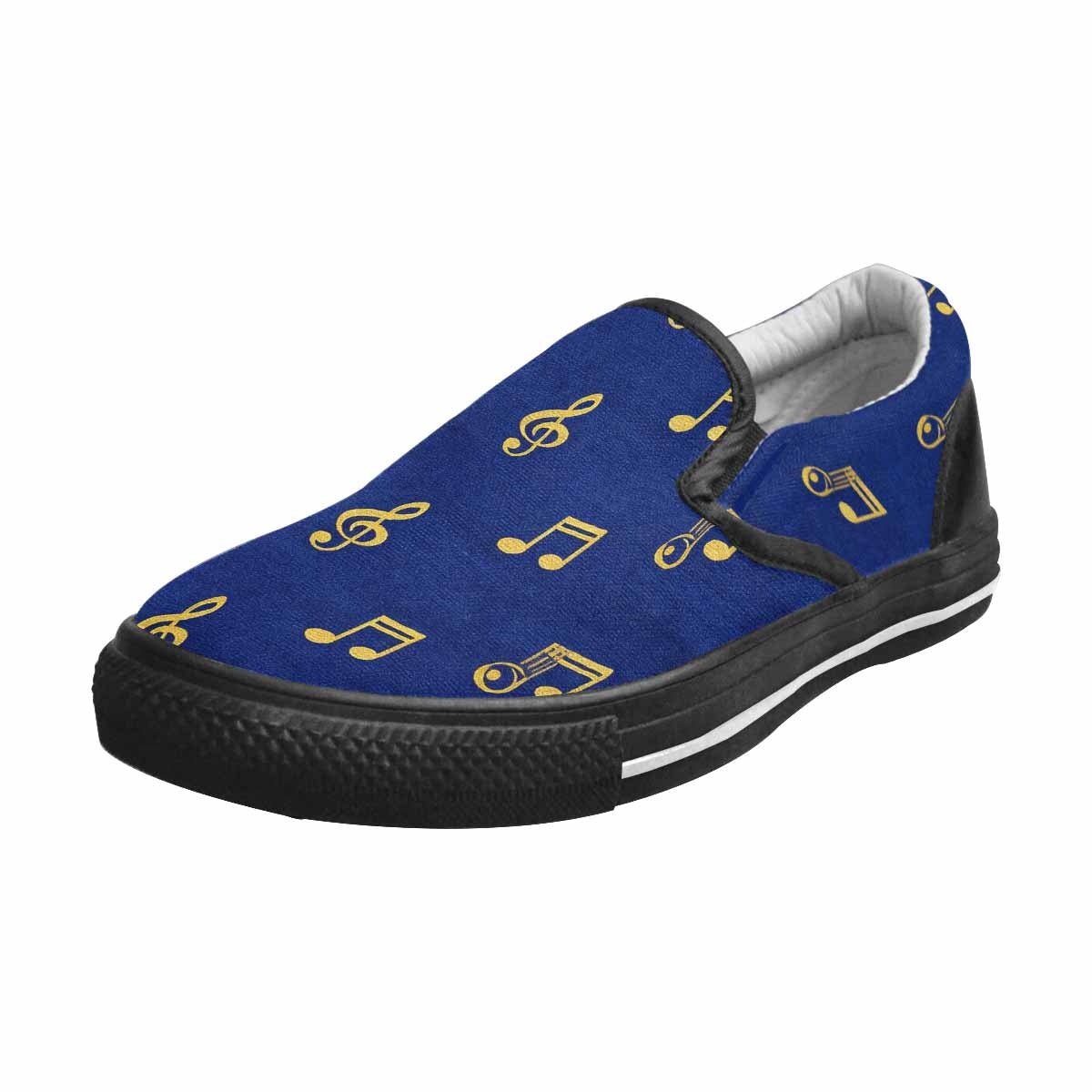 Blue canvas slip-on shoe with musical notes print, cushioned footbed and elastic goring — additional view 7