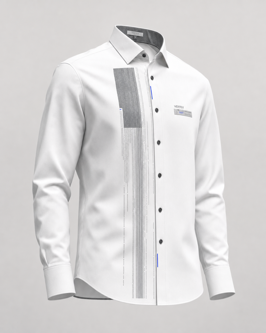 Vertex Monolith Code Button-Up Shirt in white with graphite geometric Vertex menswear design