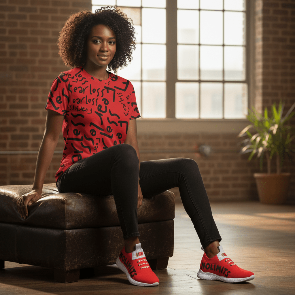 Women's red low-top sneakers with bold sporty design