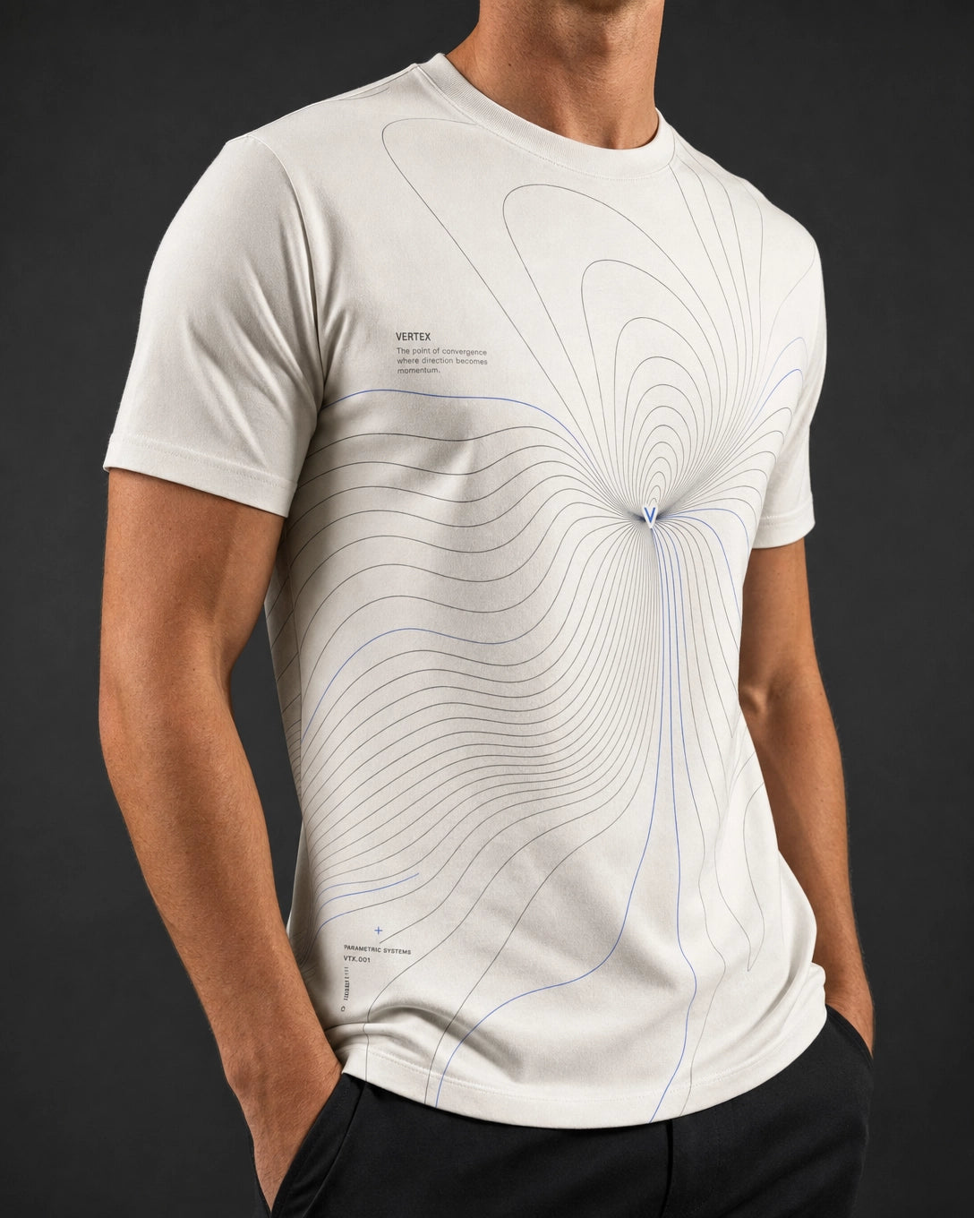 Vertex Parametric Wave T-Shirt in off-white with graphite geometric Vertex menswear design