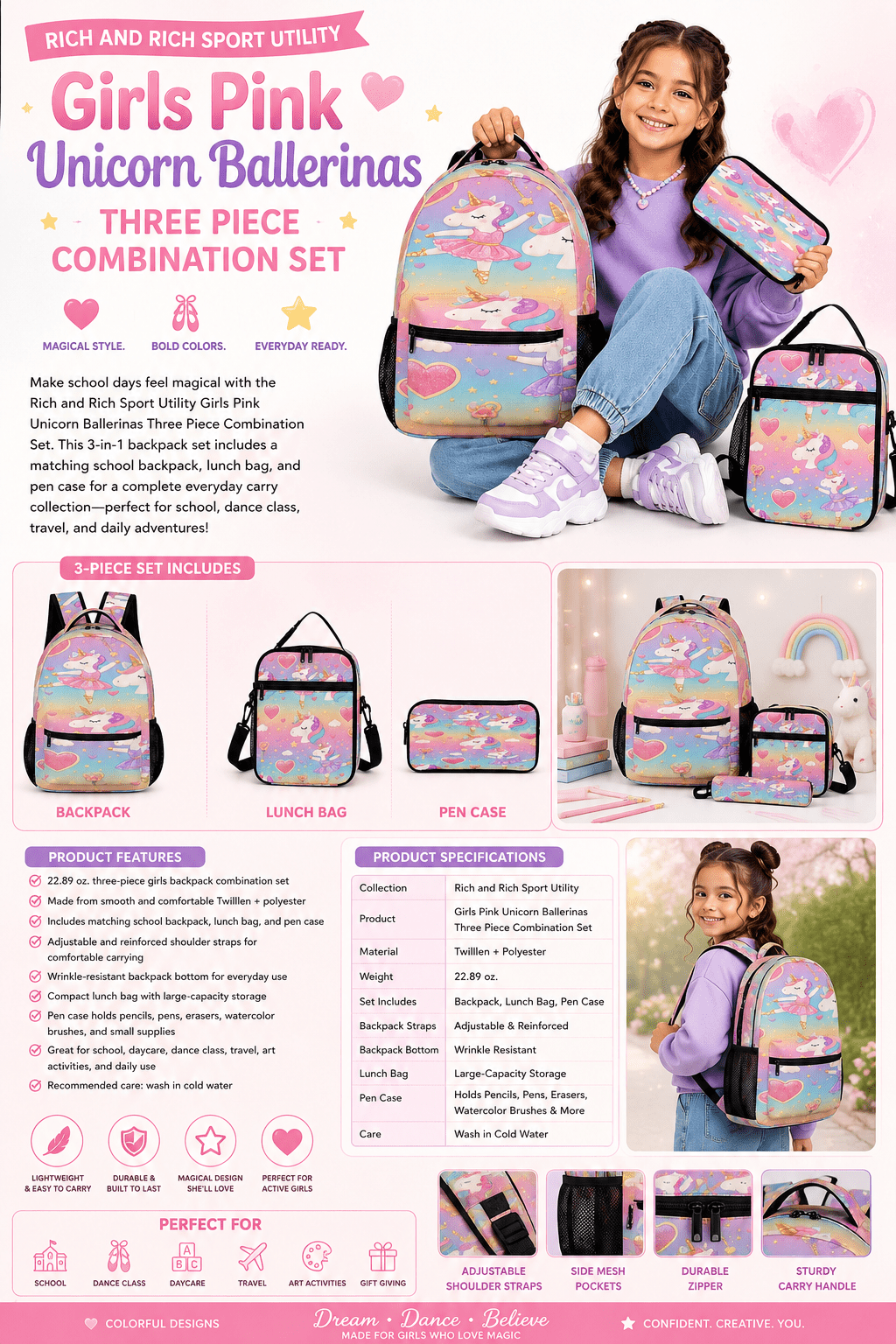Rich and Rich Sport Utility Girls Pink Unicorn Ballerinas Three Piece Combination Set - Rich and Rich Homeopportunities