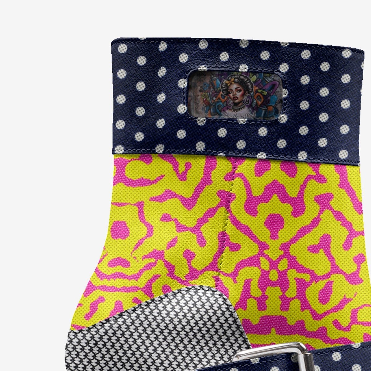 Polka dot women's high heel boots with fuchsia yellow accents, adjustable belt and stiletto heel — alternate view
