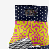Polka dot women's high heel boots with fuchsia yellow accents, adjustable belt and stiletto heel — alternate view