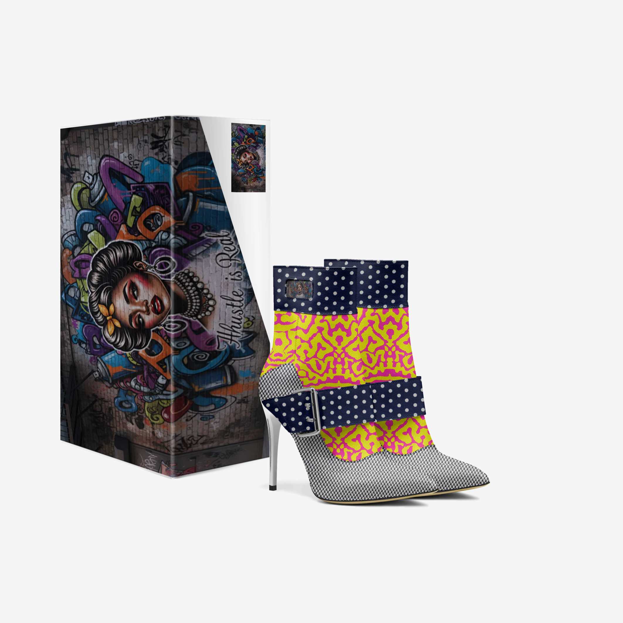 Polka dot women's high heel boots with fuchsia yellow accents, adjustable belt and stiletto heel